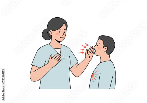 A nurse demonstrates abdominal thrusts on a choking boy shown by red arrows from the boys mouth and chest