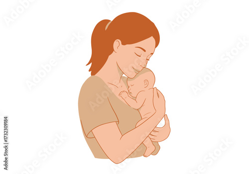 A mother with reddishbrown hair in a ponytail gently holds a baby in her arms their faces close