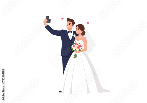 A newlywed couple poses for a selfie with hearts surrounding them