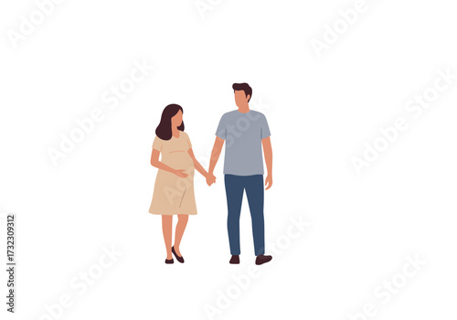 A pregnant woman holding hands with a man both wearing casual clothing