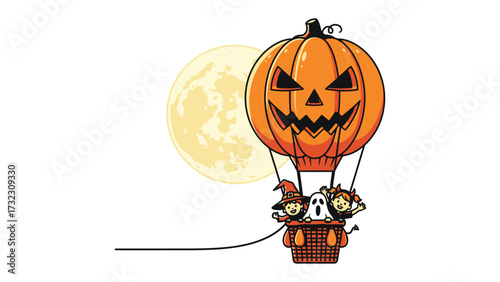 Spooky Halloween Balloon Ride: A whimsical illustration depicts a carved pumpkin hot air balloon, carrying friendly ghosts and goblins under the light of a full moon.