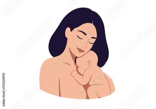 A serene image of a woman holding a sleeping infant against her chest