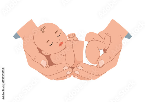 A sleeping baby rests securely in two adult hands