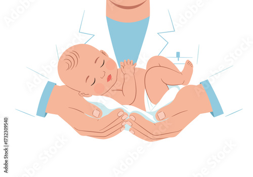 A sleeping infant is cradled in cupped hands wearing a medical coat