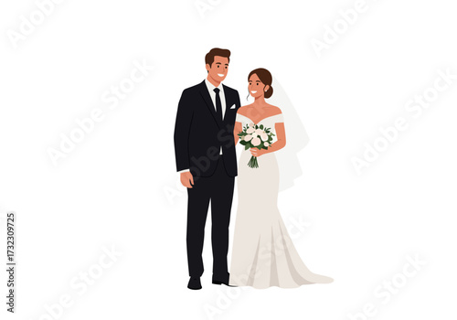 A wedding couple stands together smiling