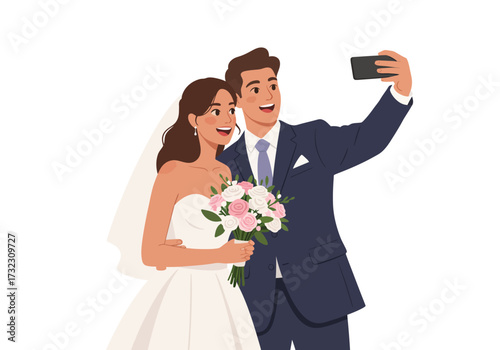 A wedding couple takes a selfie