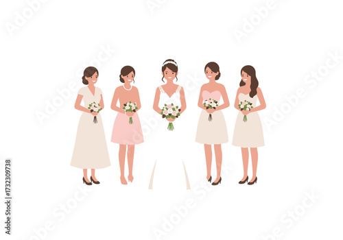 A wedding party with a bride and her bridesmaids holding flowers