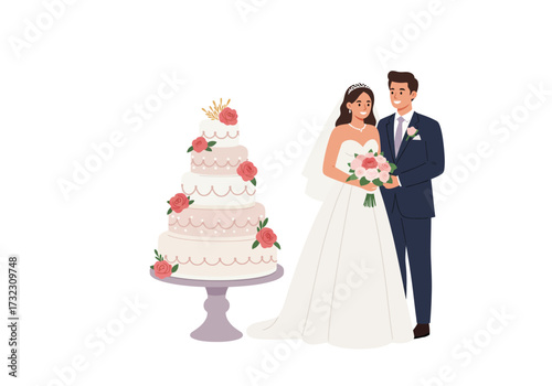 A wedding scene shows a bride groom  tiered cake adorned with roses