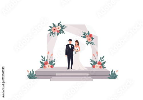 A wedding scene showing a bride  groom standing under a floral arch on a stage