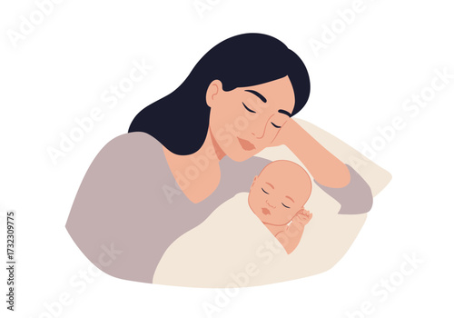 A woman asleep beside a sleeping infant resting on a pillow