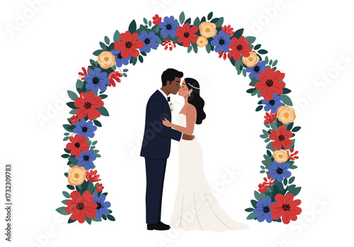 A wedding scene shows a kissing couple under a floral arch