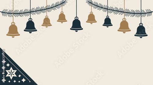 Holiday bells hanging from pine branches with a star design in the corner of the background