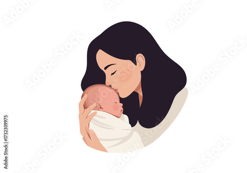 A woman with dark hair kisses a swaddled baby on the head