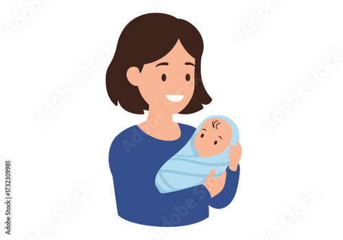 A woman with short dark hair holding a baby wrapped in a light blue blanket