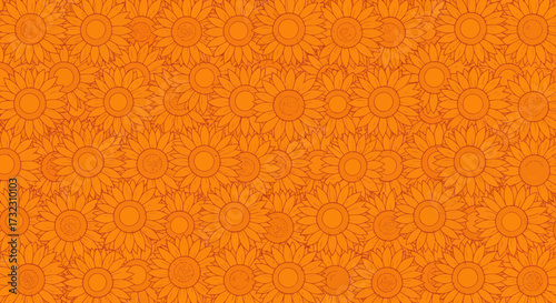 Orange seamless background pattern filled with sunflowers