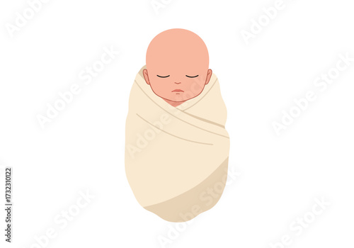Baby swaddled in a beige blanket eyes closed