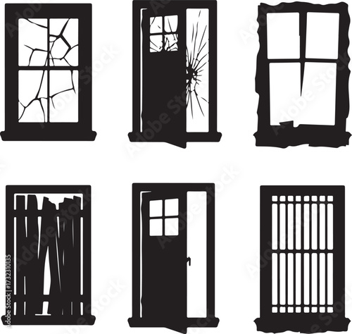 Broken doors and windows silhouettes broken glass cracked window