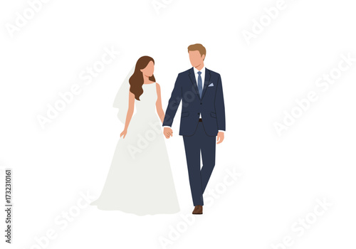 Bride and groom in wedding attire holding hands