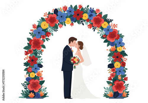 Bride and groom kiss beneath floral arch depicted in a flat stylized illustration