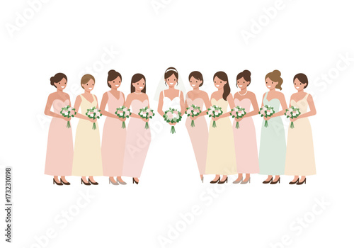 Bride flanked by nine bridesmaids in gowns each holding a bouquet of flowers