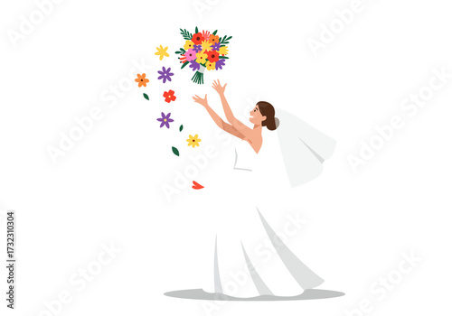 Bride throws a bouquet of flowers wearing a wedding gown and veil