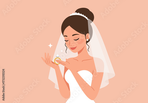 Cartoon bride admiring diamond ring in a strapless dress  veil against a peach backdrop