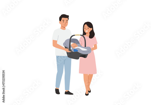 Couple holding infant in car seat cartoon drawing on white