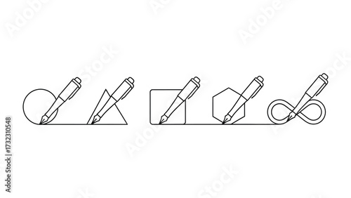 Pen Drawing Geometry: An illustration of a pen drawing various geometric shapes with a single continuous line, showcasing creativity, precision and design.