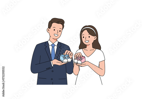 Couple holds pink and blue baby shoes suggesting a gender reveal or baby announcement