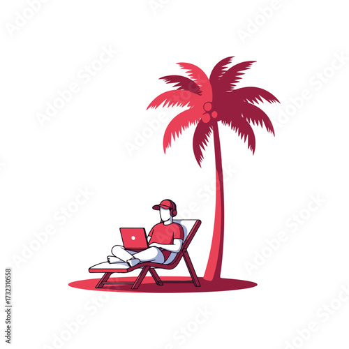 Man Relaxing on Beach Chair With Laptop