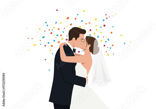 Couple kissing bride in gown and veil groom in suit colorful dots background