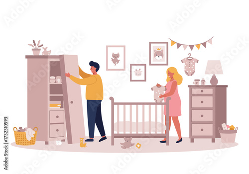 Couple sets up nursery with wardrobe crib dresser baby clothes  wall art