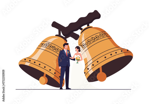 Groom in suit with bride in dress with wedding bells behind simple background stylized illustration