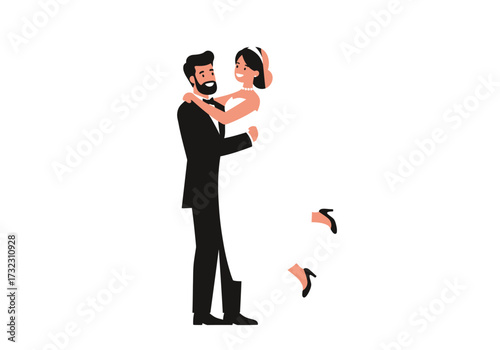 Groom lifts bride in a joyful pose