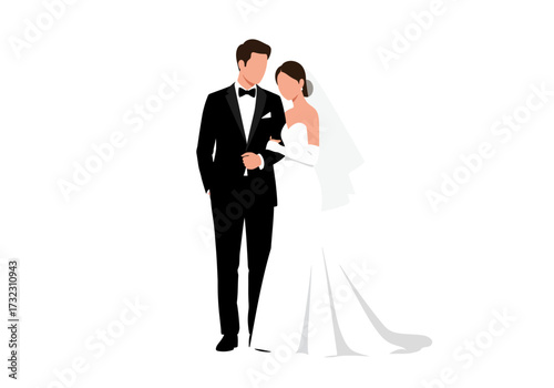 Groom in tuxedo stands next to bride in white dress and veil