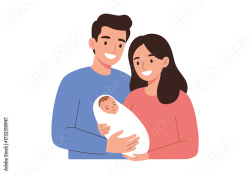Happy couple holding a newborn baby all smiling