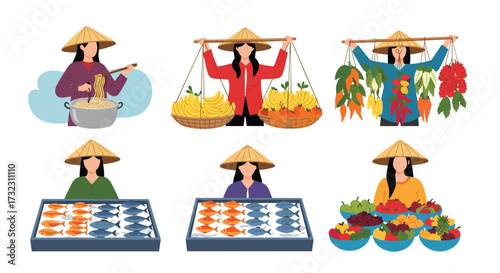 Traditional asian street food and produce vendors selling their wares.