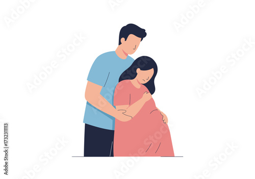 Man embraces pregnant woman he wears blue tshirt she in red dress both faceless