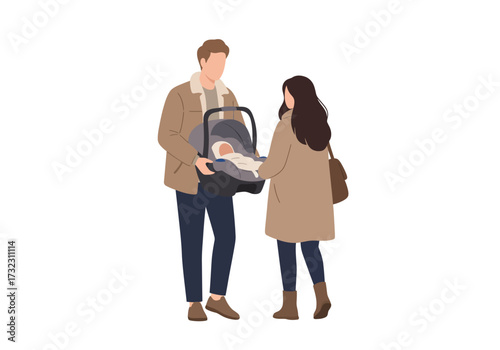 Man holds car seat with baby while woman watches
