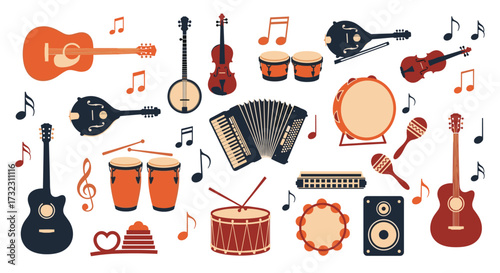 A collection of musical instruments and notes in various styles and colors.