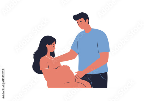 Man touches pregnant womans belly standing by her side both looking down