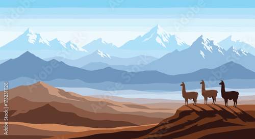 Three llamas stand on a hill overlooking a misty mountain range in a pixel art landscape.