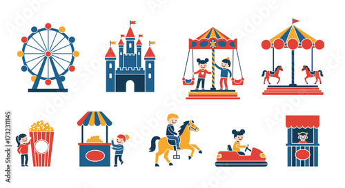 A collection of colorful cartoon amusement park attractions and rides.