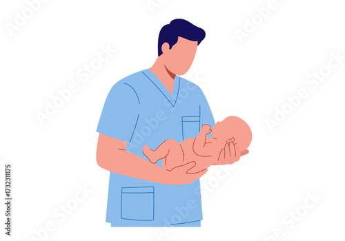 Man in scrubs holds newborn baby looking down tenderly