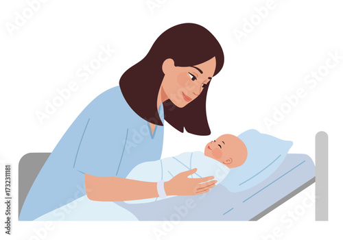 Mother lovingly gazing at newborn baby lying in hospital bed