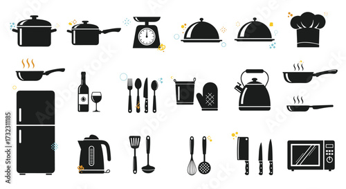 A collection of kitchenware icons in silhouette.