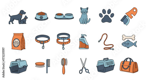 A collection of essential pet care items and accessories for dogs and cats.