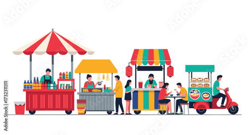 People enjoying food from various street vendors in a bustling market scene.
