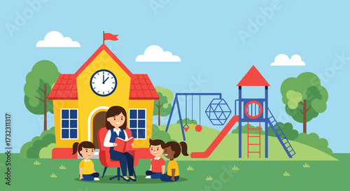 A teacher reading a book to young children in front of a school building.