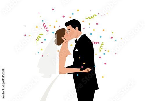 Newlyweds kiss amid confetti The bride wears a gown and veil The groom wears a suit